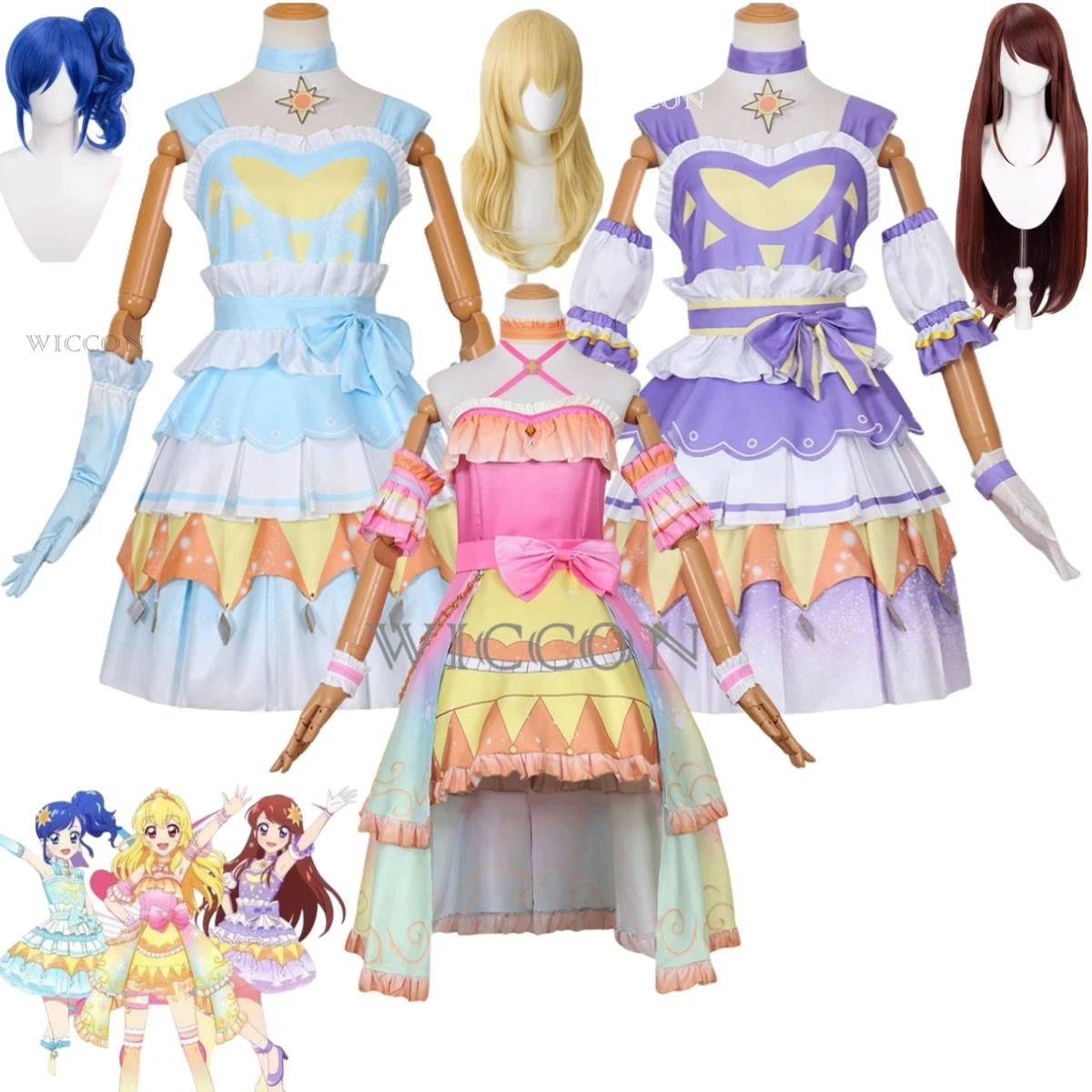 Fantasia de Cosplay Anime com Peruca para Mulheres, Vestido Lolita, Sexy Carnaval Kawaii Halloween Suit, Aikatsu!Kiriya Aoi Shibuki Ran, Hoshimiya Ichigo