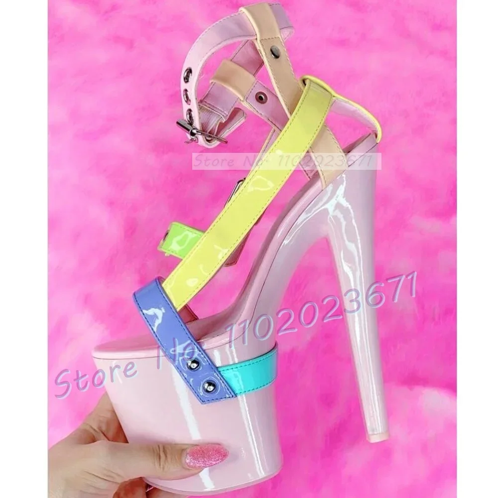 

Multi Buckle Straps Platform Sandals Women Cool Mixed Color Thin Heels Shoes Punk Summer Party Cross Strap Pole Dance Sandals