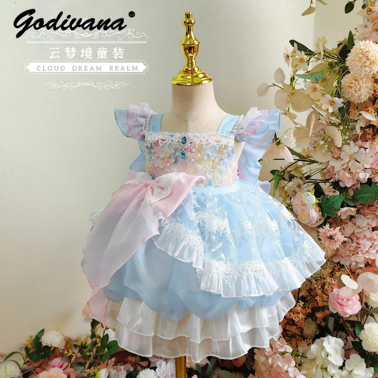2026 New Spring and Summer Sweet Baby Girls Floral Lolita Princess Suspender Dress Kids Fashion Pearls Mesh Bow Tulip Tutu Dress