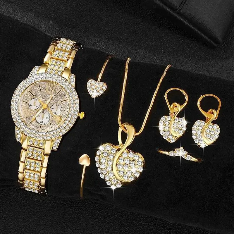 6PCS Luxury Rhinestone Women Watches Jewelry Set Fashion Roma Dial Quartz Wristwatch Accessories Relogio Feminino Clock Gift