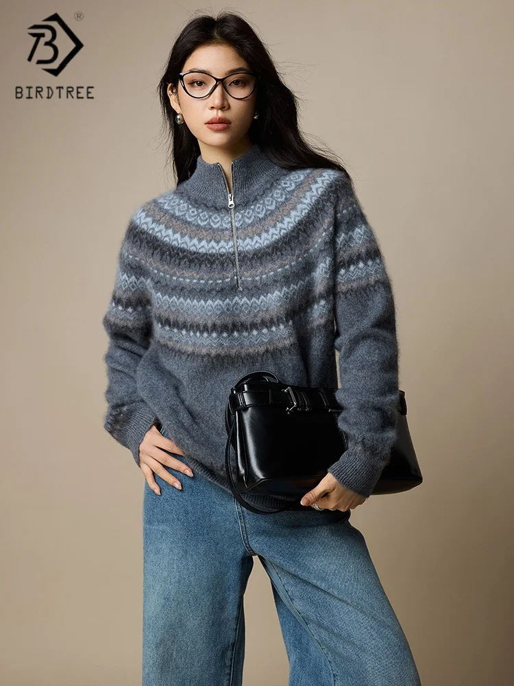 

Birdtree,100% Sheep Wool Knitted Sweater,Woman Plush Stand Collar Casual Tops,Zipper Jacquard 2025 Fall/Winter Pullover T5N203JF