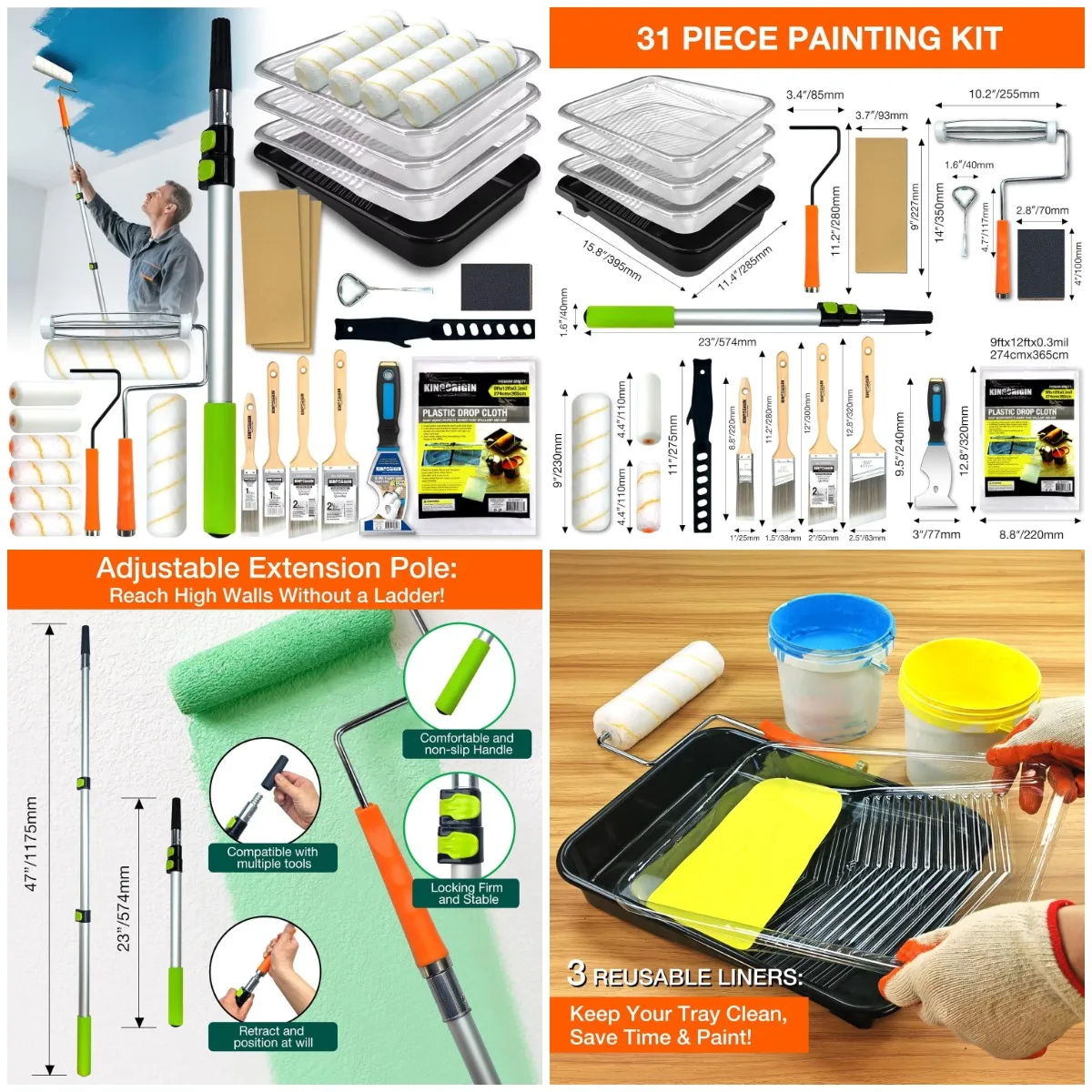 

Набор малярных валиков King Origin из 31 предметов с роликами 9 футов и 4 футов, кисточками, столбами, лотками — профессиональная покраска на стену, потолке и отделке