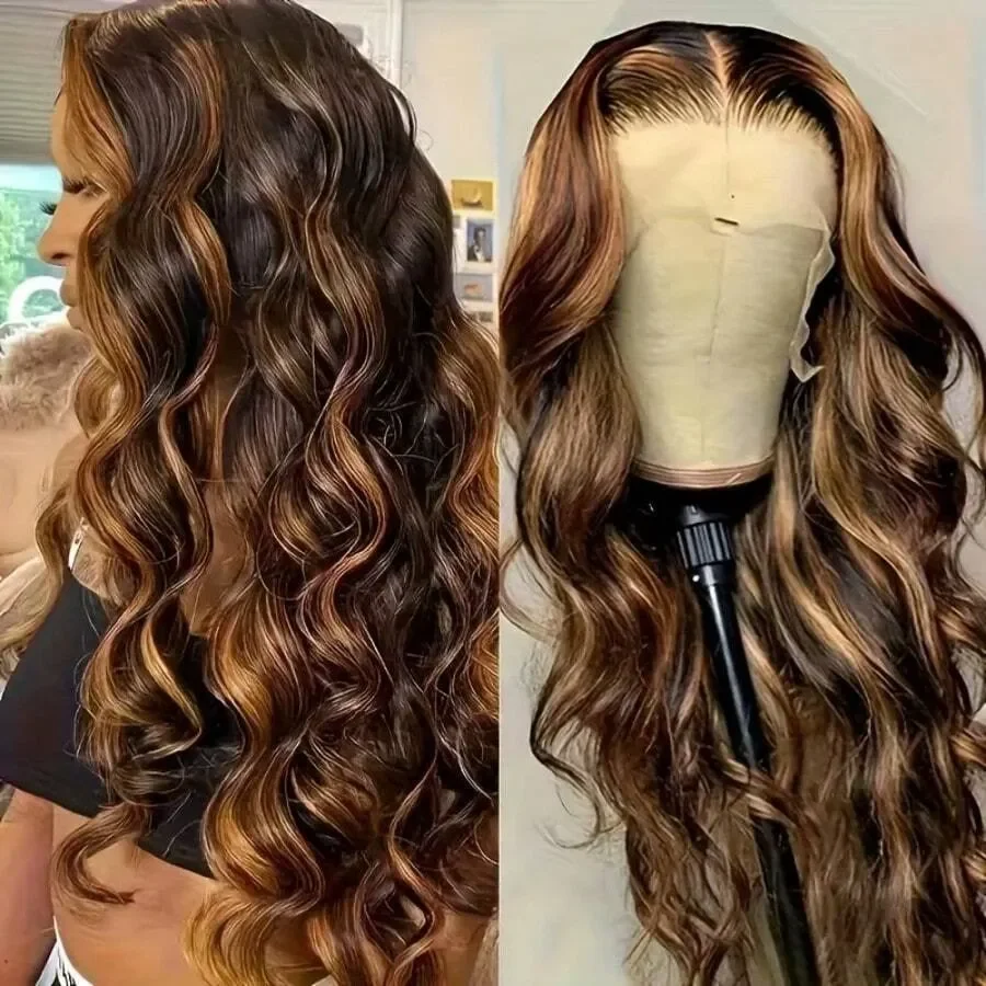 Brazilian Body Wave Human Hair Wig for Women 34 Inch P4/27 Color 13x4 HD Transparent Lace Frontal with Colored Highlights