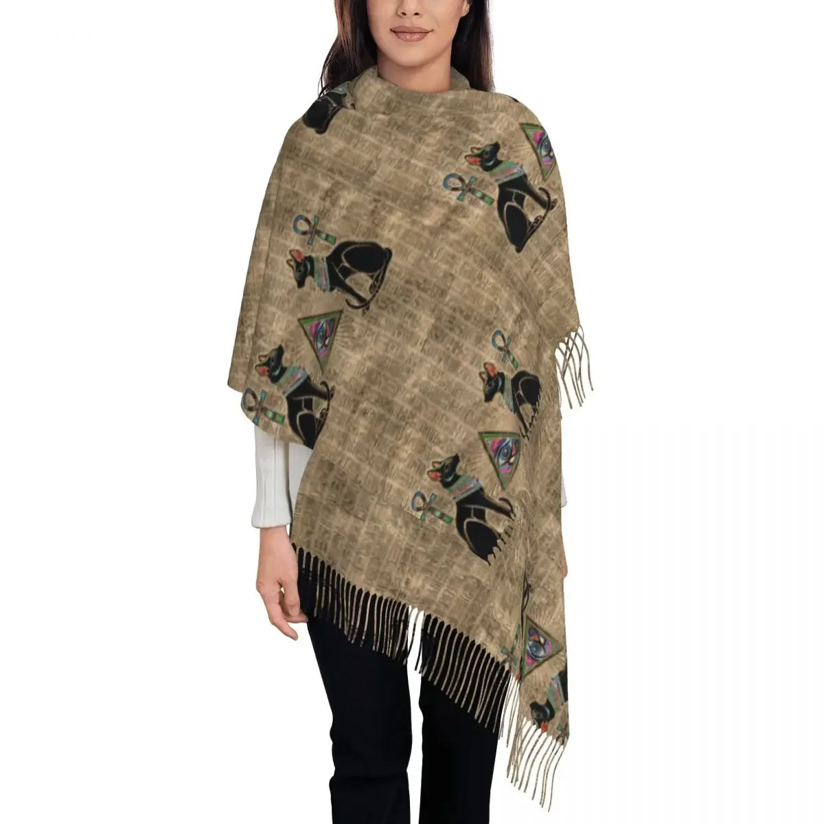 Fashion Egyptian Cats And Eye Of Horus Tassel Scarf Women Winter Fall Warm Shawls Wraps Female Ancient Egypt Scarves