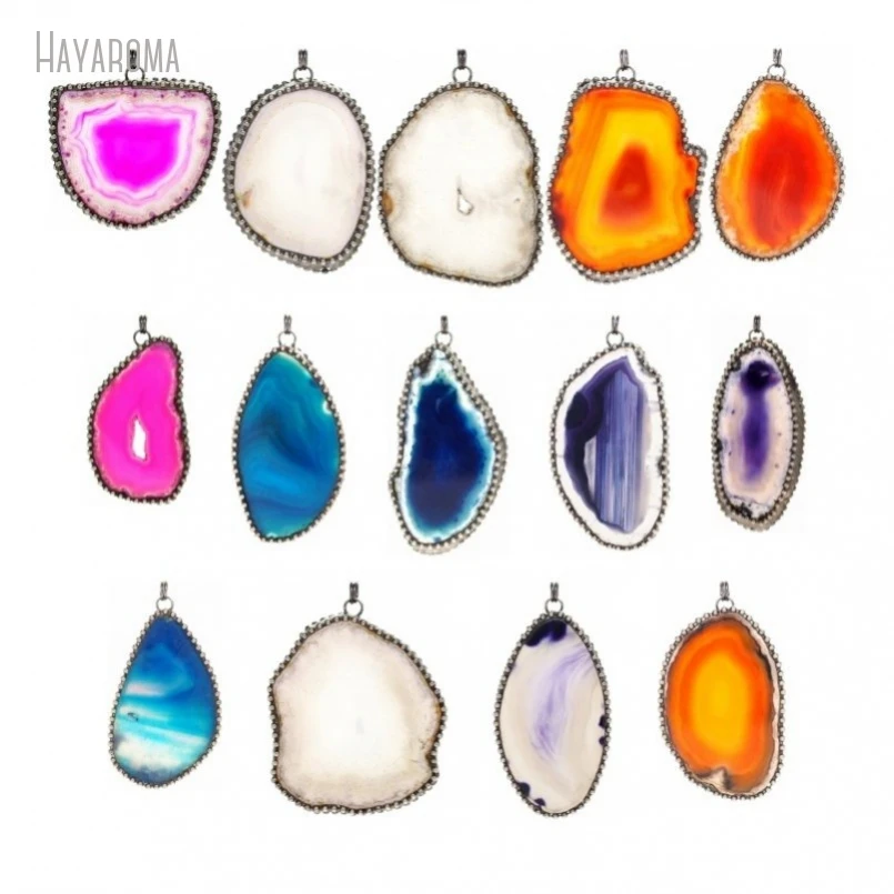 10Pcs Antique Silver Color Tin Agates Soldered Free Form Slice Vintage Style Handmade Jewelry Pendant PM46906