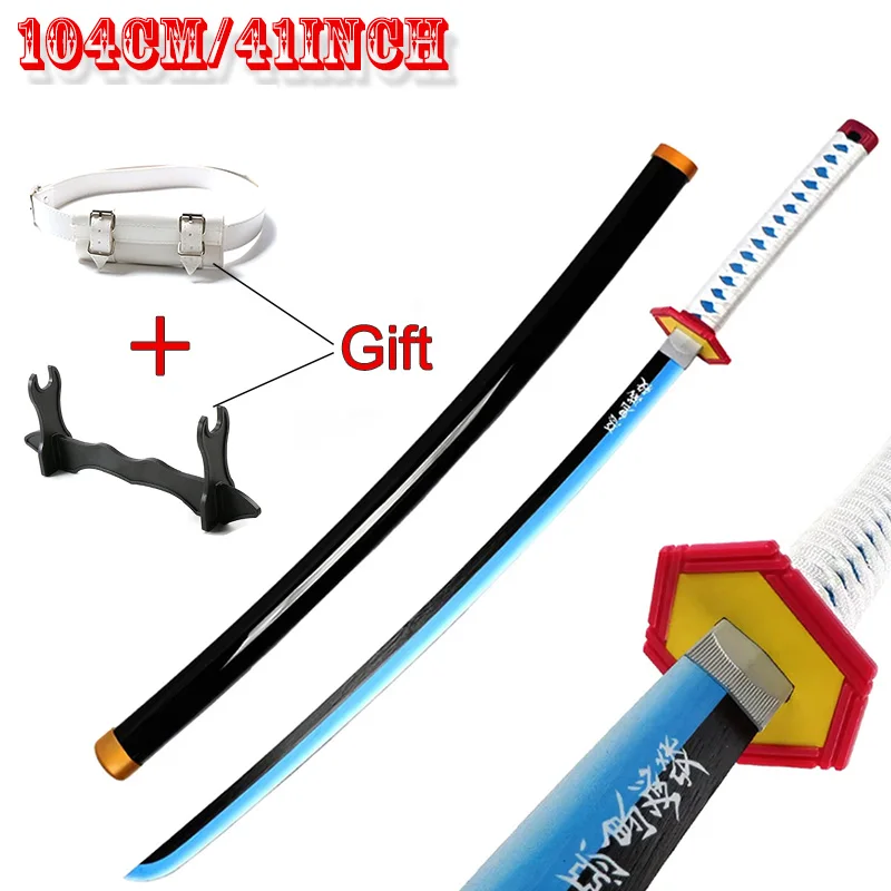 Katana de juguetes de madera de 104Cm/41 pulgadas, espadas Giyuu azules con cinturón blanco y soporte para espada, regalo de Navidad para Cosplay