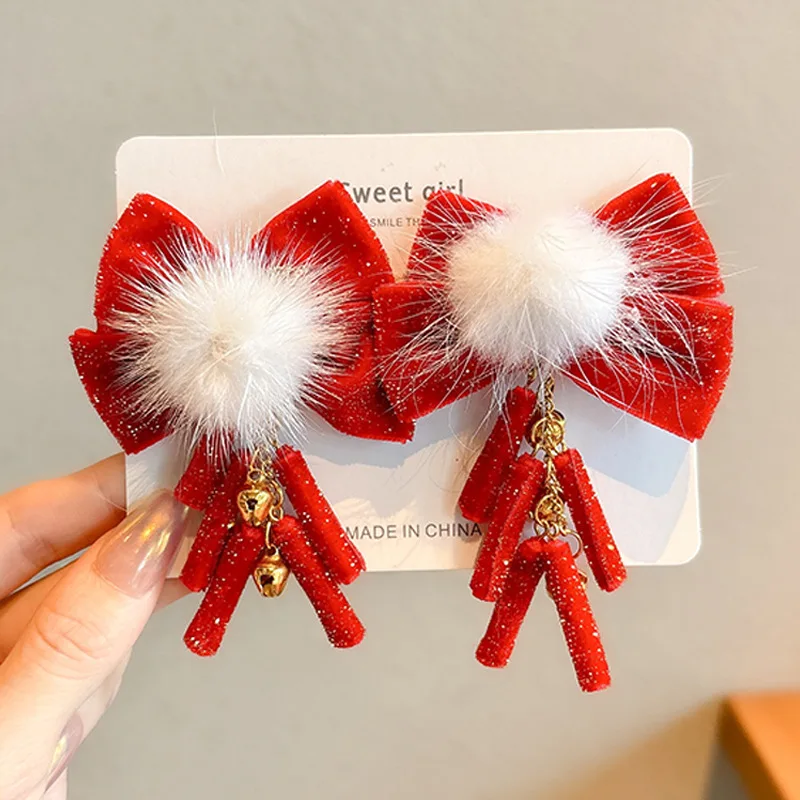 

Red Children's Bow Hairpin Girl's New Year Headwear Chinese Style Hanfu Accessories Hair Clip Hairpin Headwear