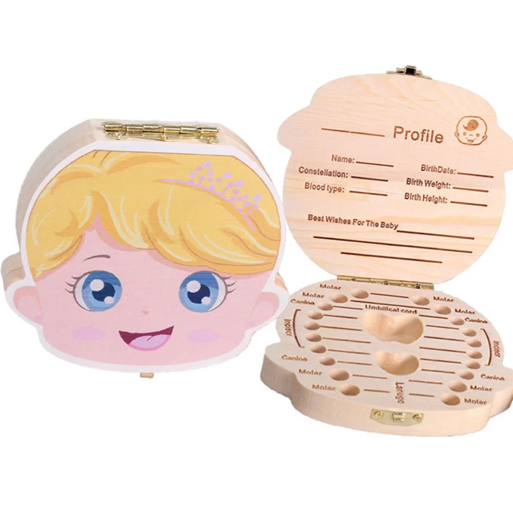Caja de madera para guardar los dientes de los bebés, inglés/español/francés/ruso/italiano, organizador de los dientes del lanugo, umbilical,