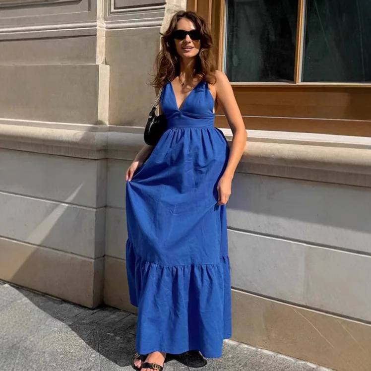 Lässiges, elegantes A-Linien-Maxikleid mit V-Ausschnitt, rückenfreiem Design und Spaghettiträgern für Damen – perfekt für Sommerurlaub, Strand und modische Freizeitkleidung