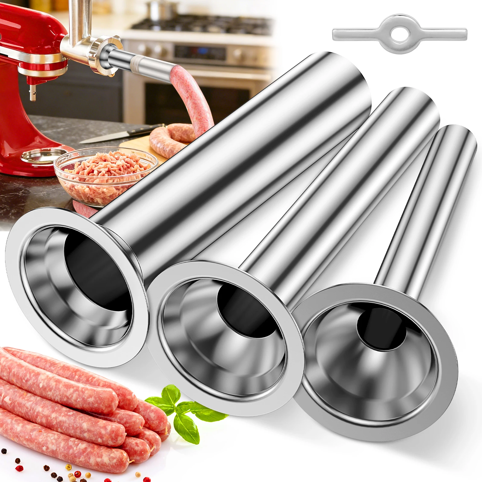 3Pcs Sausage Stuffer Tube with Retainer Holder Stainless Steel Homemade Sausage Maker Tube Food Grinder Tube Replace Attachment