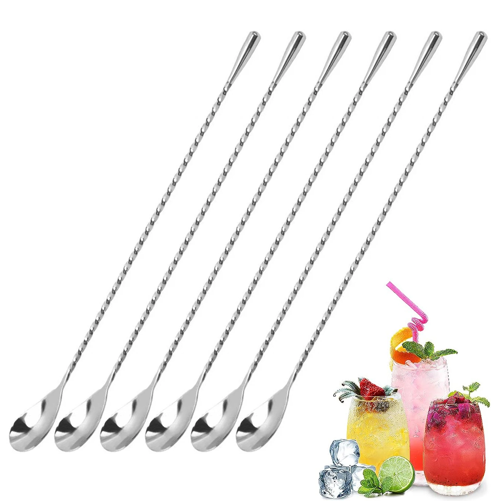 6pcs 12inch Ergonomics Mixing Spoons Comfortable Grip Bar Cocktail Home Ice Cream Kitchen Supplies