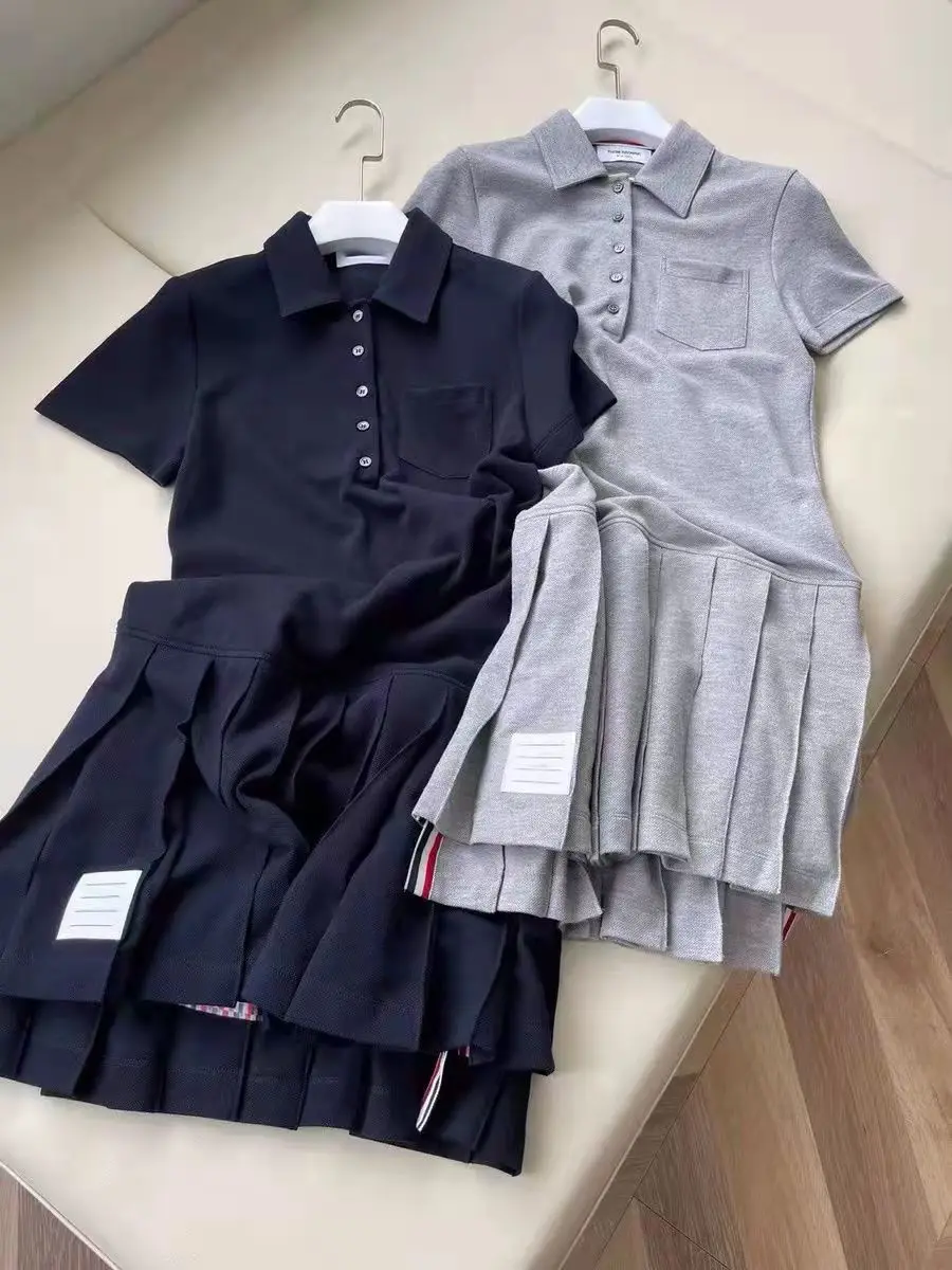 2022 Summer New Fashion Sweet Style Polo Pleated Dress Solid Color Slim Short-sleeved Skirt Women Casual Stripe Webbing Dresses