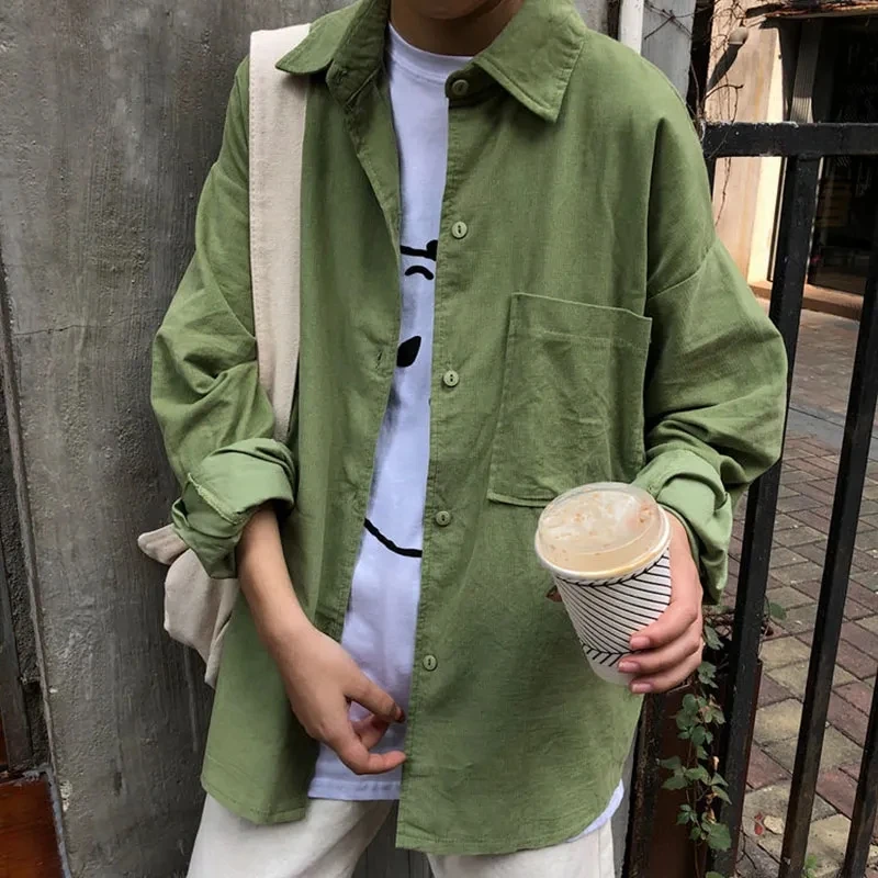 Vintage Loose Solid Women Shirts Harajuku Korean Preppy Pocket Long Sleeve Casual Top Autumn All Match Single Breasted Outerwear