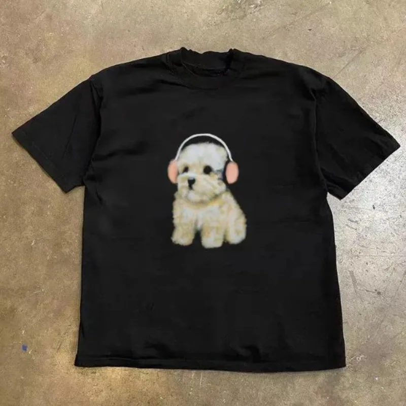

Cute Puppy Headphones T-Shirt Women Men Graphic Dog Lover Tee Kawaii Pet Music Style Short Sleeve Casual Top S-3XL