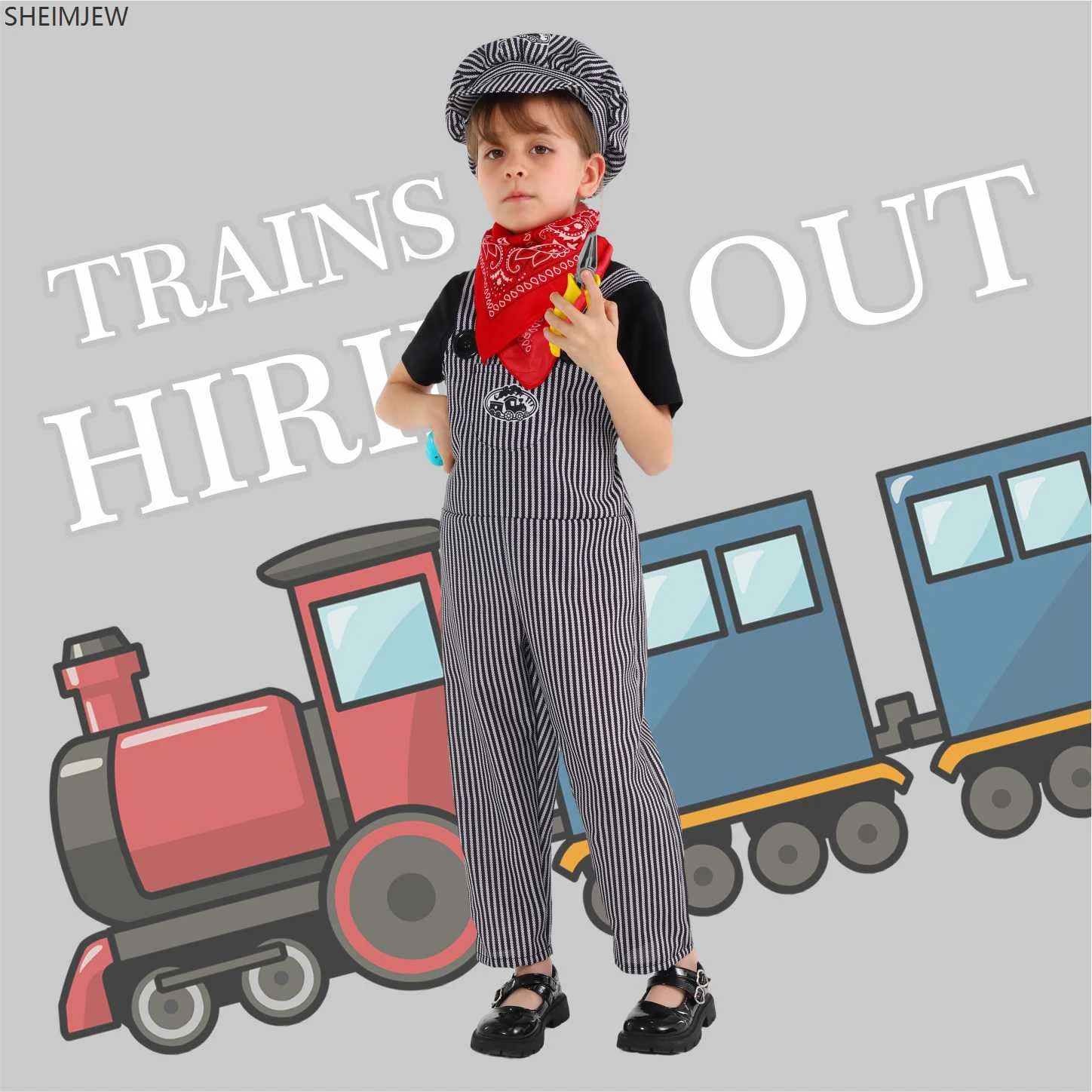 

Children's Train Conductor Costume Boys Girl Train Engineer Cosplay Costume Halloween Carnival Party Performance Striped Overall