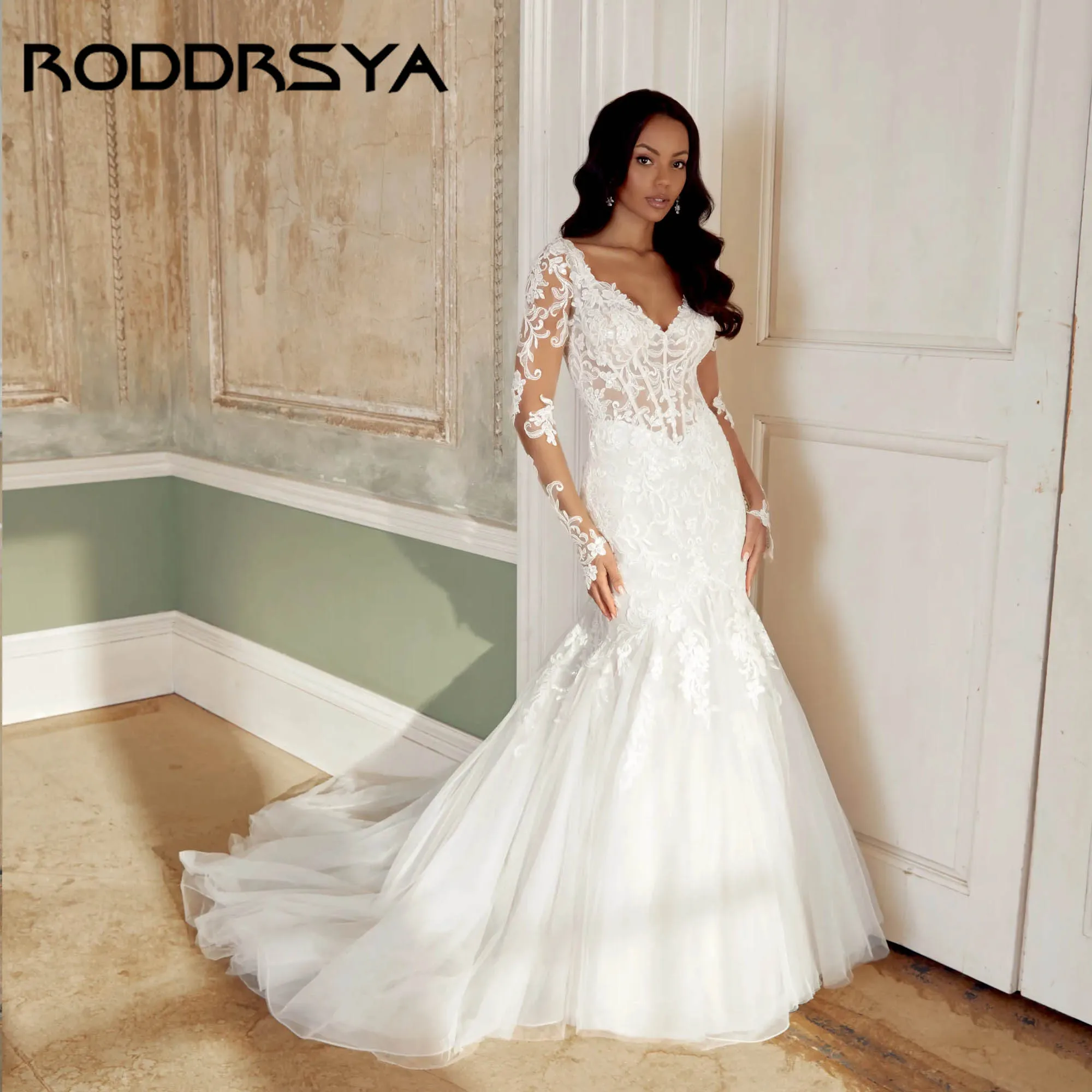

RODDRSY Tulle Mermaid Bridal Dress Long Sleeves V-neck Appliques Classic Wedding Gowns V-back Curvy vestidos de novia Customized