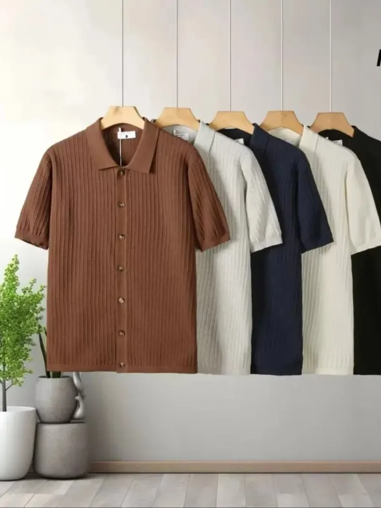 

Cotton Feeling Knitted Short Sleeve Shirt for Men Breathable Comfortable Summer Business Commute Thread