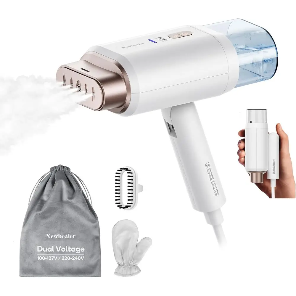 

1200W Dual Voltage Travel Steamer, Fast Heat Up, Horizontal Clothes Wrinkle Removal, Lightweight 1.72 lbs, 180ml Capacity - Gold