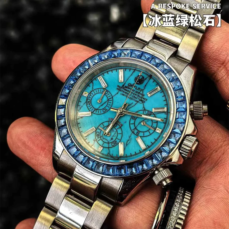 OKPLAY Men Chronograph Watch 39.5mm Customized Modified Quartz Wristwatch Sapphire 100m Waterproof Triple Windows Turquoise Dial