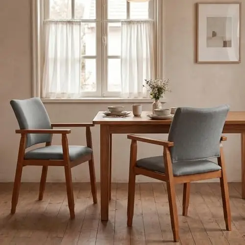 Set of 2 Mid Century Modern Walnut Dining Chairs Wood Arm Grey Fabric Kitchen Cafe Living Room Decor Furniture
