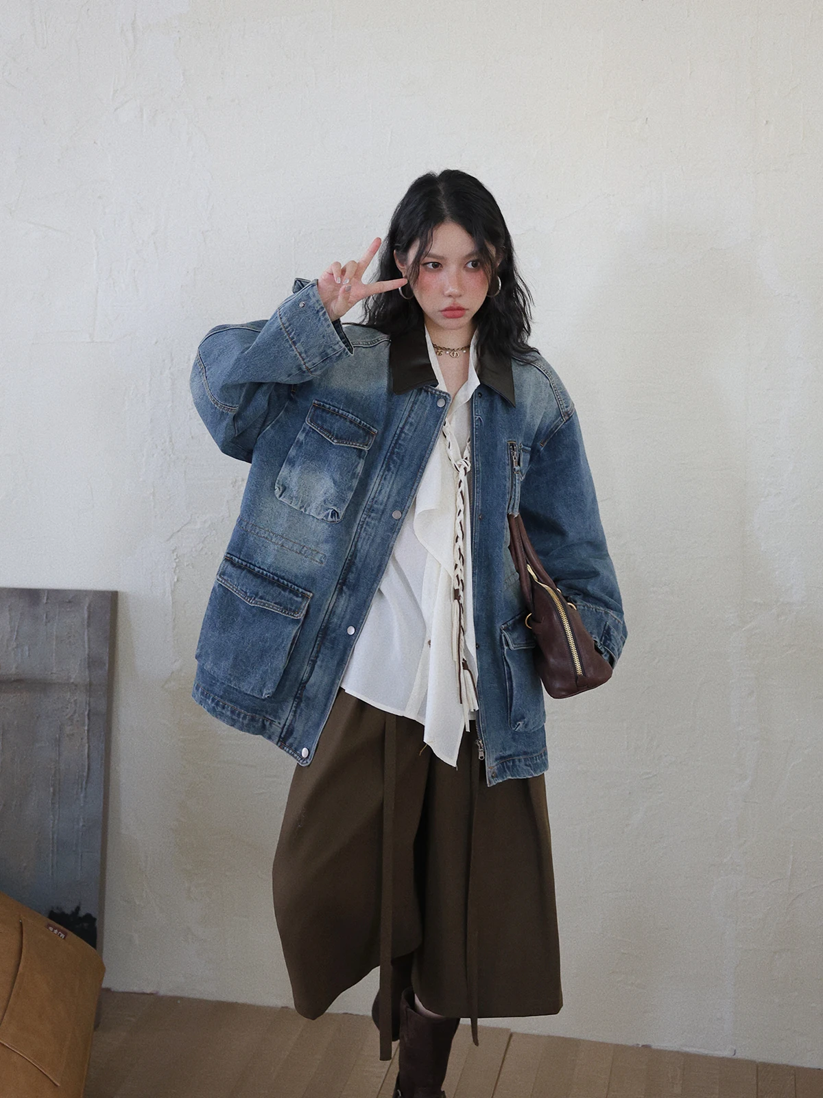 

Loose Women's Denim Jaet DR Color Blo Collar American Retro Workwear Autumn Coat Long Sve Button Closure Regular Length