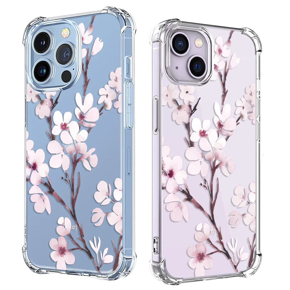 Shockproof Phone Case For iPhone 14 13 12 11 Pro X XS XR Max 7 8 Plus SE 2020 Mini Plum Rose Flower Soft Clear TPU Back Cover