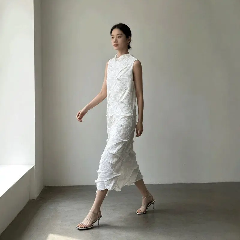 Asymmetrical Hem Midi Dress Women's  Style Design Sense Sleeveless Pleated Three Dimensional Geometry Casual Loose Waist