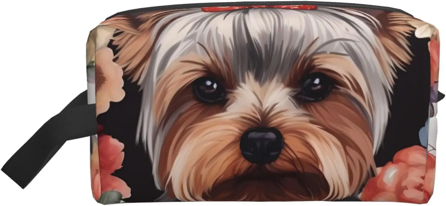 

Makeup Bag Large Portable Travel Organizer Yorkie Floral Cosmetic Bag with Hanging Hook Travel Bathroom Bag Zipper Pouch Purse