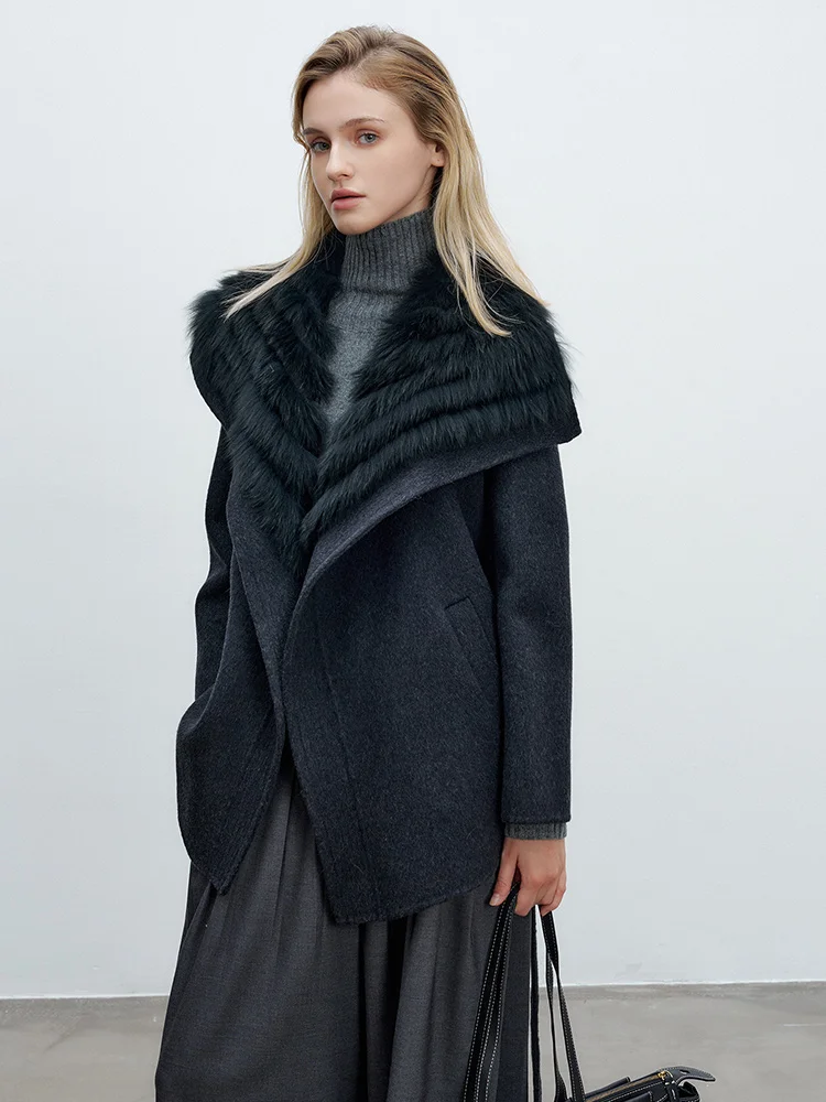 2025 Cappotto invernale in vera pelliccia di volpe da donna Giacca in lana di cashmere con pelliccia naturale femminile Giacca di lusso in lana Capispalla