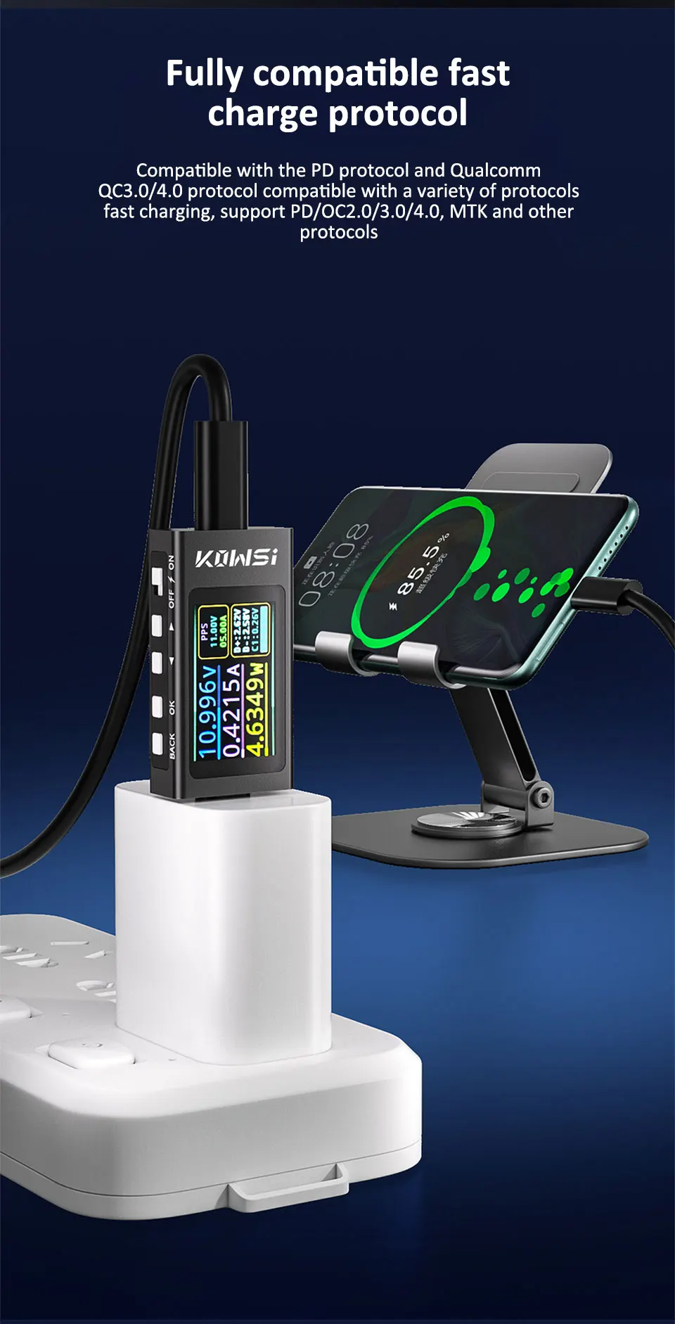 KWS-X1 4V-30V 12A Typ-C Tester Voltmeter Amperemeter TYPE-C Schnellladungserkennung Auslöser Kapazitätsmessung Rippelmessung – Detail 2
