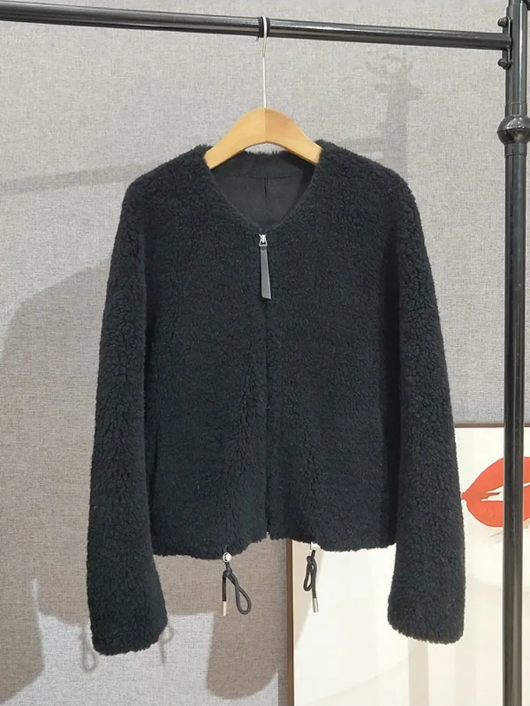 Mulheres inverno quente real pele de ovelha casacos curtos em linha reta solto ajuste zíper casaco de lã o pescoço à prova de vento outerwear jaqueta de cor sólida
