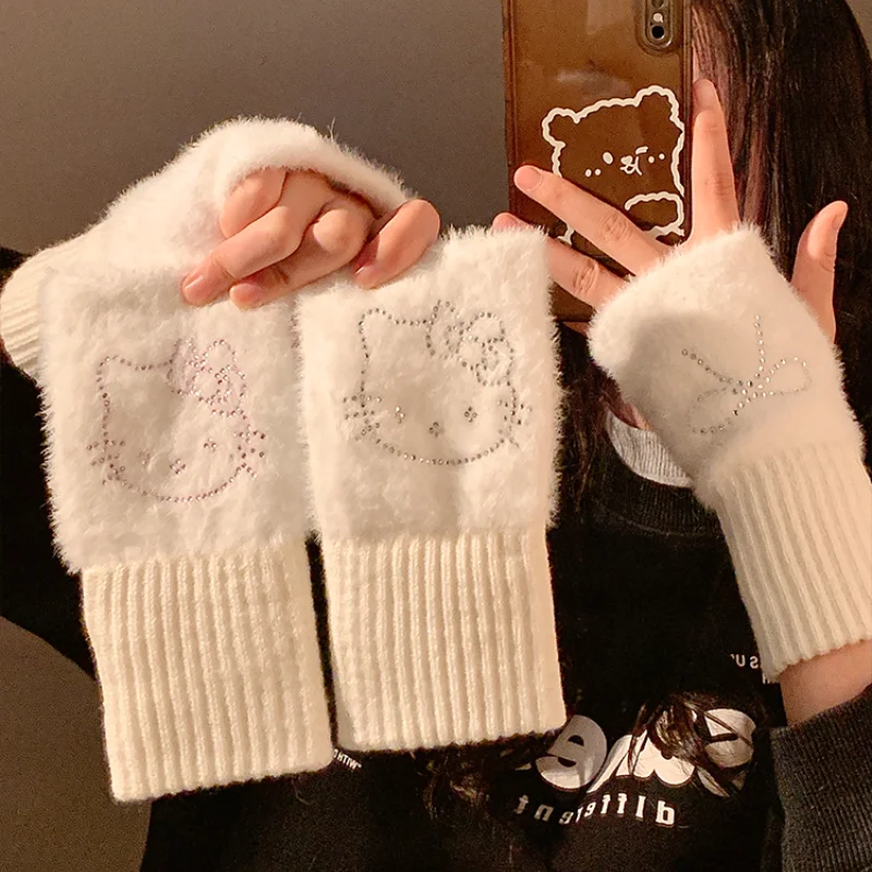 신모델 산리오 귀여운 보온 니트 울 반손가락 장갑 소녀 헬로키티 겨울 플러시 니트 손목 보호대 사무실 학생용