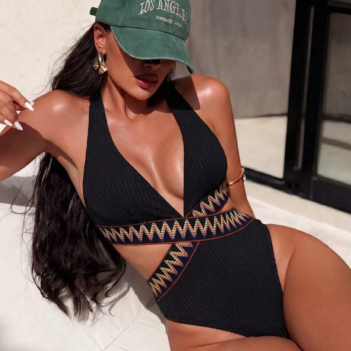 Women Ribbed Halter One‑Piece Swimsuit Deep‑V Neck Ethnic Colorful Crisscross Strap Cut‑Out High‑Cut Monokini Beach Swimwear