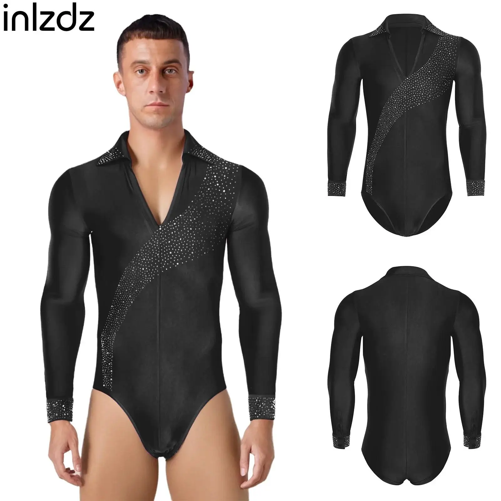 

Adult Men Latin Dance Competition Jumpsuit Rhinestones Long Sleeve Bodysuit for Modern Latin Dance Training Figure Ice Skating