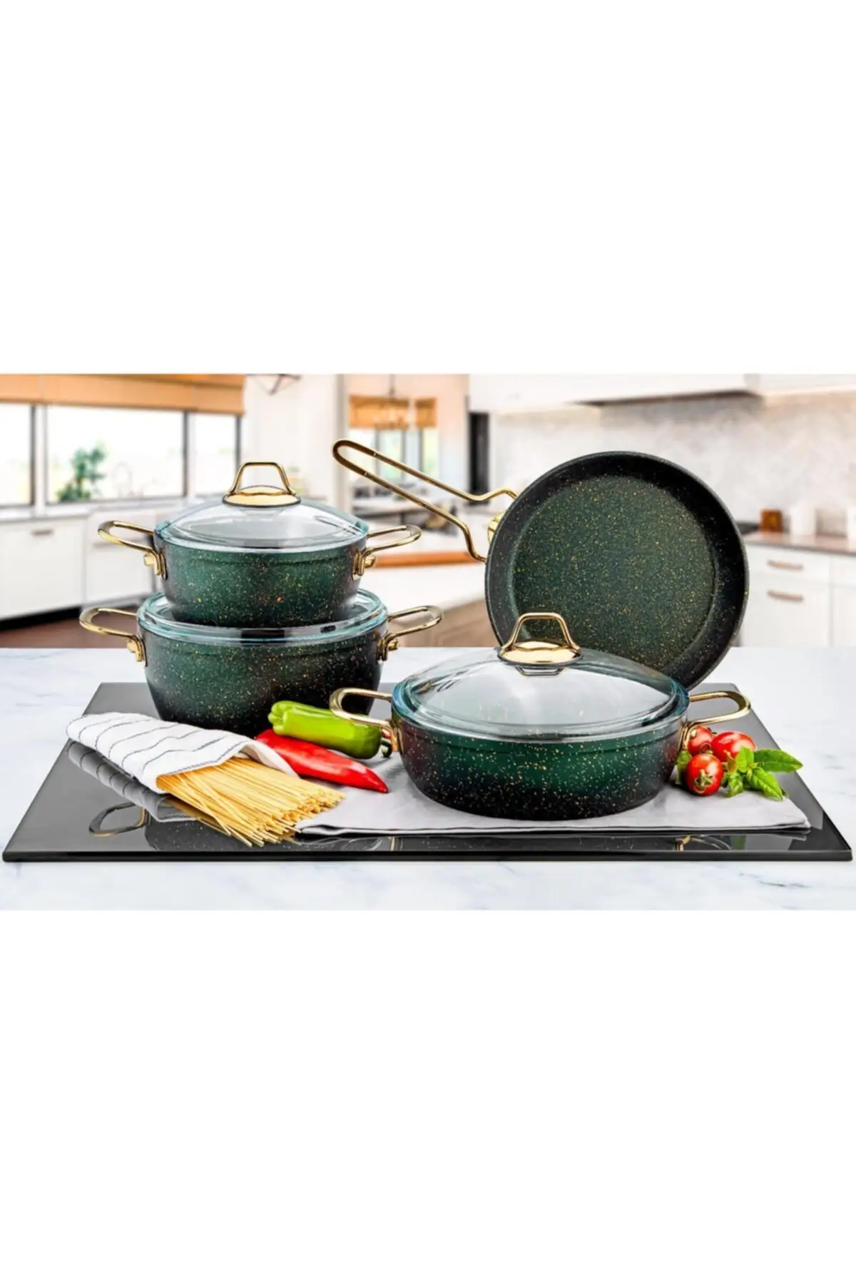 2022 model cookware set new model cookware Granite Cookware Set Green 7 Piece