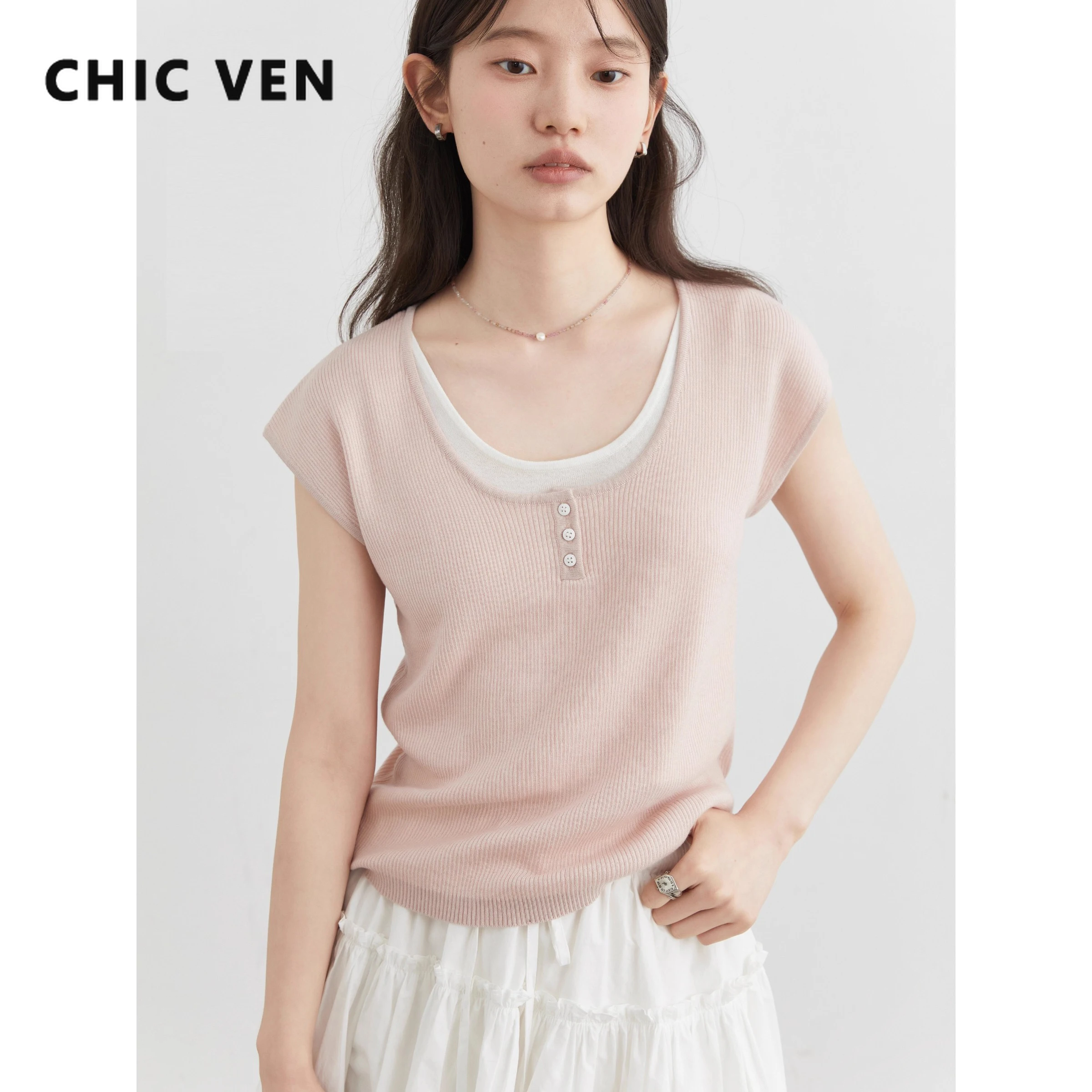 

CHIC VEN Women T-Shirts Slim Casual O Neck Knitted Shirts Short Sleeved Tees Soft Small Female Top Summer 2025