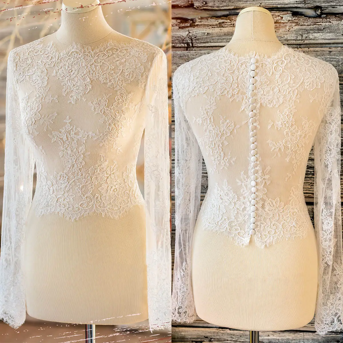 Elegant O Neck Jacket Appliques Lace Button Long Sleeve Bride Jackets For Strapless Bridal Dress Wedding Accessories Custom Made