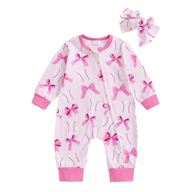 Baby Girl Spring Jumpsuit Baseball Cherry Bow Print Zip-up Round Neck Long Sleeve Romper Headband