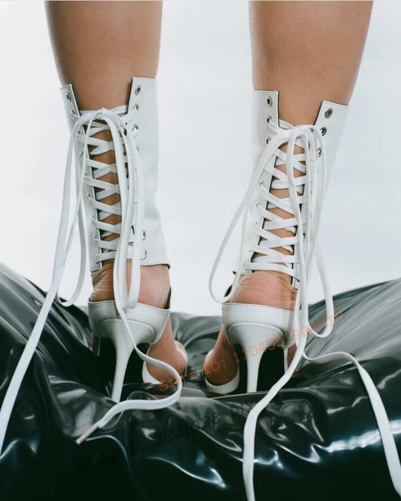 

Lace-Up Round Toe white Thin Heels Fashion Concise Sexy Elegant Summer Party Dress Women Shoes Ankle High Women Lace Up Booties