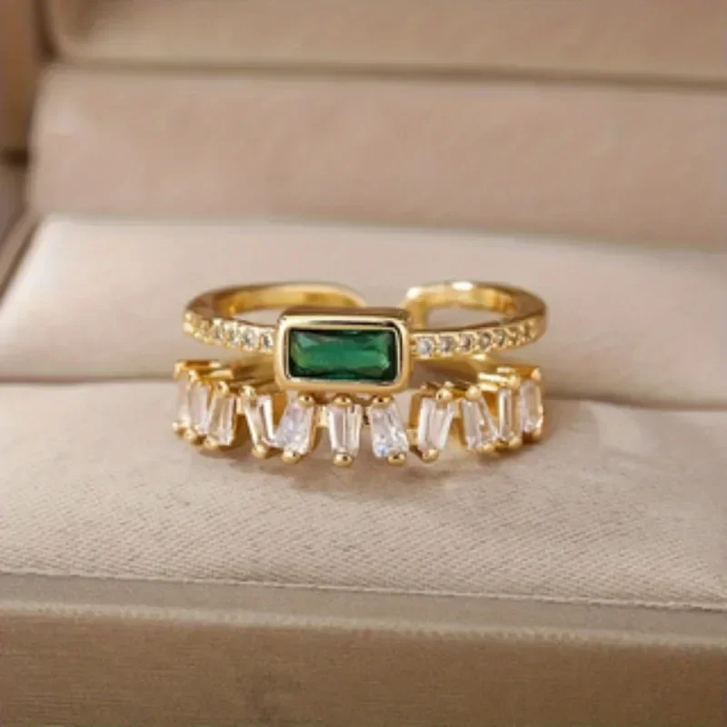 Classic retro light green double-layer zircon ring women's stainless steel gold-plated wedding ring as a gift for mom and lover image 3
