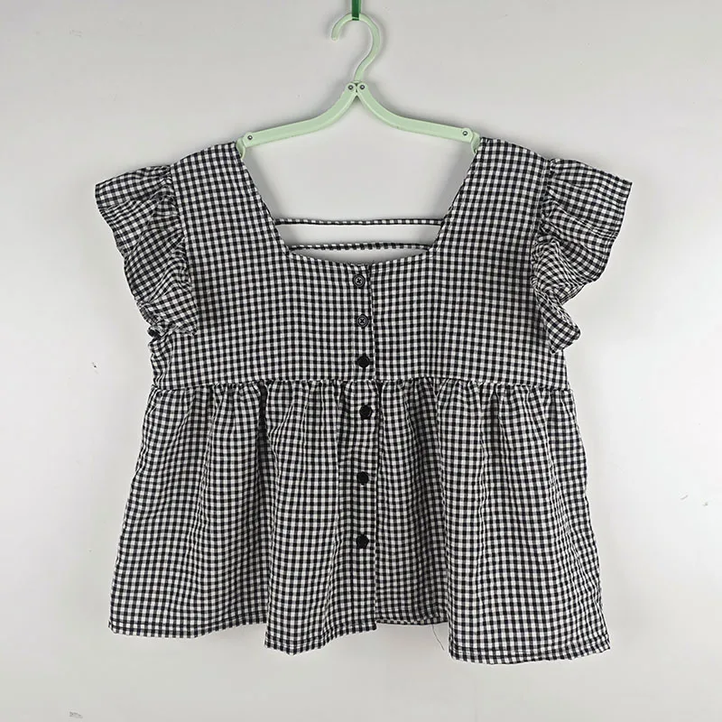 قميص نسائي صيفي قطني على الطراز الكوري - قميص فضفاض لطيف برقبة مربعة قابلة للتنفس مع أكمام مرفرفة صغيرة