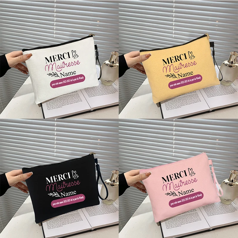 Merci Maitresse Personalized Name Kit Customized Canvas Bags Teacher Gift Makeup Organizer Bag Travel Toiletry Cosmetic Pouchs