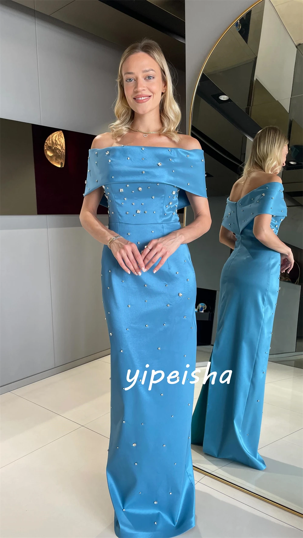 Customized  Sexy Casual   Satin Beading Draped Pleat Birthday A-line Off-the-shoulder Bespoke Occasion Gown Long Dresses