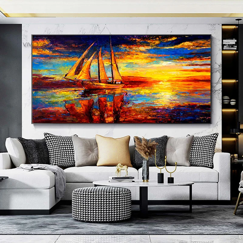 100% Hand Painted Impressionist Sailboat Seascape Oil Painting, Palette Knife Sunset Ocean Wide Canvas Bedroom Wall Art