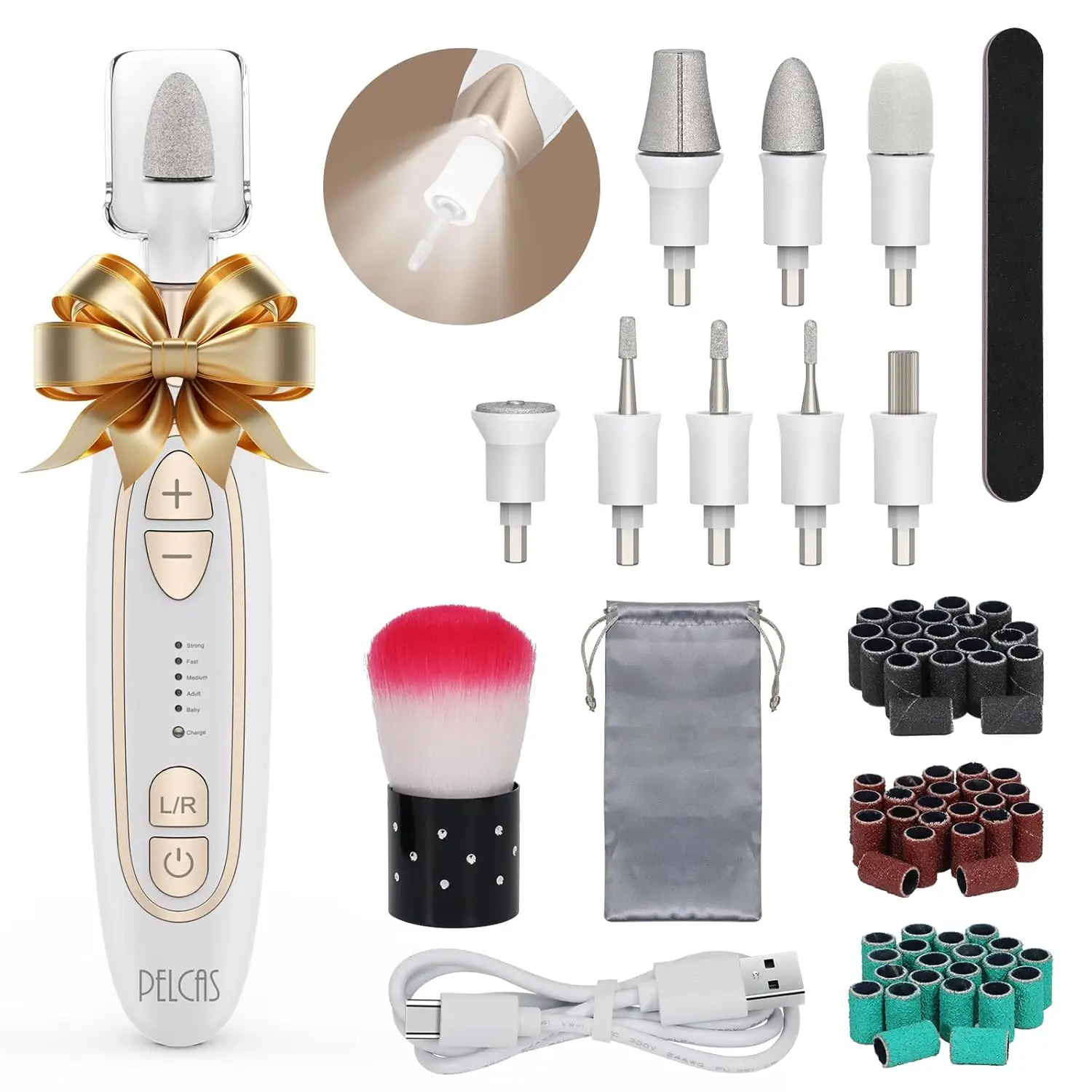 

PELCAS Electric Toenail Grinder for Thick Toenails, 5 Speeds Manicure and Pedicure Kit, Cordless Nail Drill with LED Light, Elec