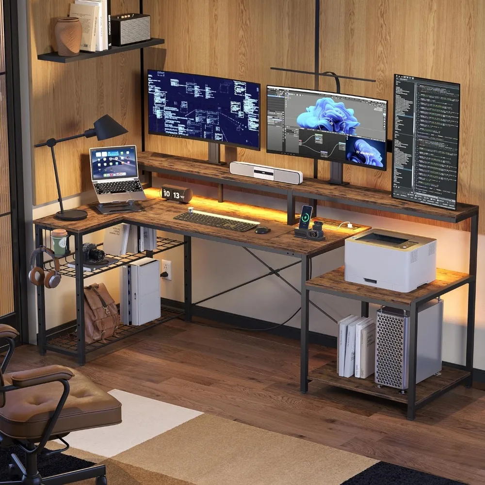 

71.5-inch computer desk with power socket, L-shaped LED home office desk, modern minimalist desk with long monitor stand