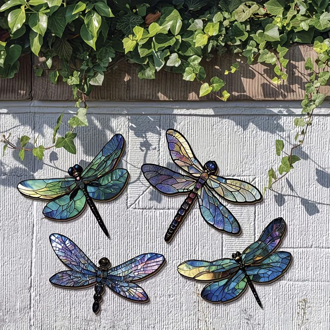 4Pcs Stained Glass Style Dragonfly Wooden Wall Decor, Insect Cutout Ornaments with Nano Tape, Drill Free Indoor Wall Hanging
