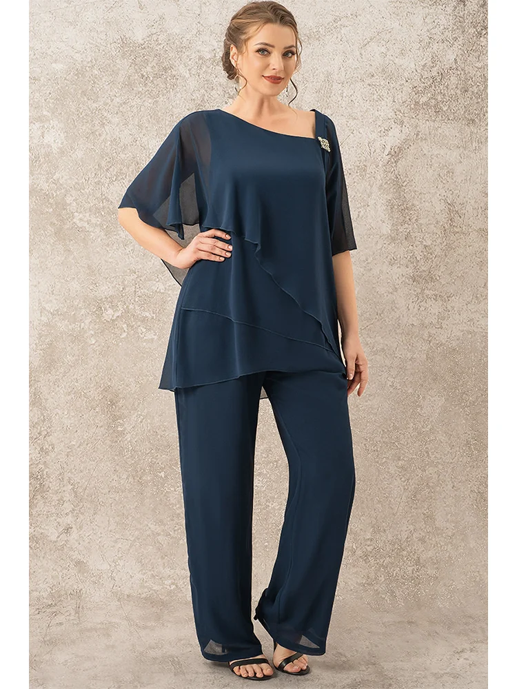 Plus Size Mother Of The Bride Navy Blue Decorative Button Single Cape Asymmetrical Hem Two Piece Pant Suits