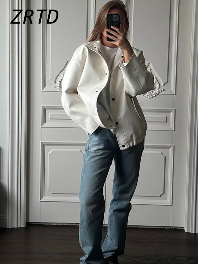 Veste en cuir blanc pour femme, col montant décontracté, simple boutonnage, manches longues, manteau femme élégant, vêtements d'extérieur de rue pour femme, automne, 2024