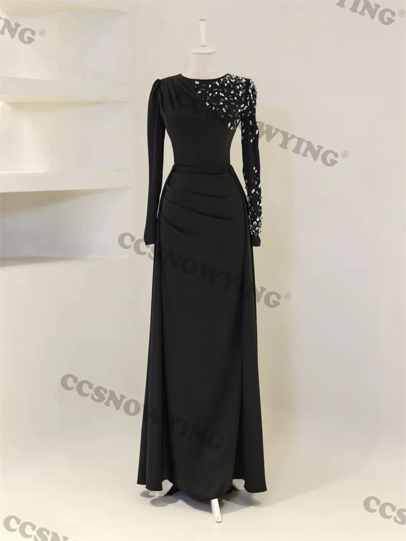 Preto cetim frisado muçulmano vestidos de noite manga longa uma linha islâmica feminino baile formal vestido festa árabe dubai robes de soirée